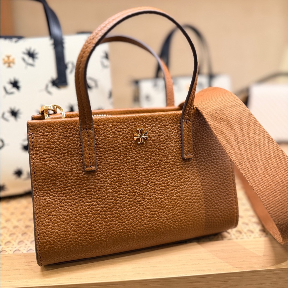 NWT！NEW! Tory Burch Blake Pebbled Leather Mini Top Handle Tote Crossbody-Tan